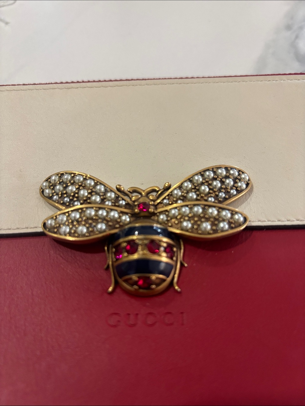 Gucci Queen Margaret Bee Stripe Leather Clutch - Picture 2 of 6